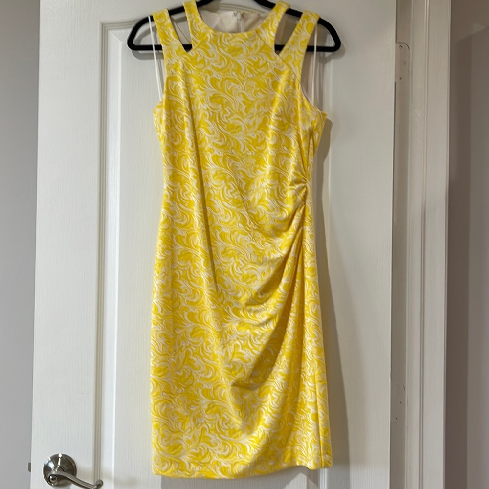Caché Yellow & White Floral Ruched Dress